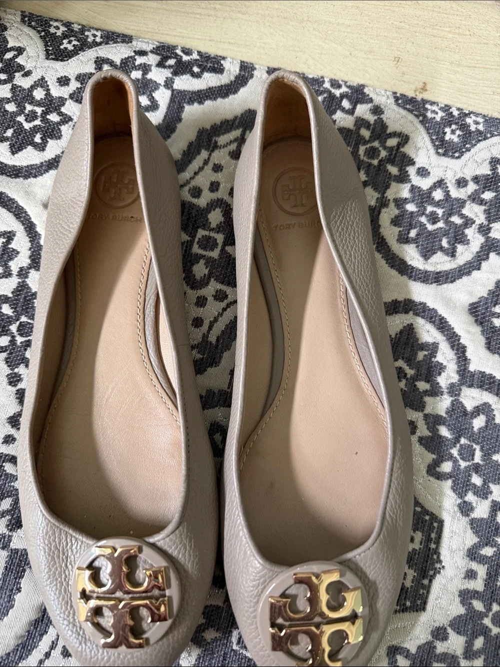 Tory Burch Taupe Leather Logo Ballet Flats with Gold Medallion